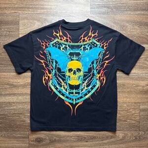 Black Ozzy Osbourne Teewith Blue Skull, Bat Wings, & Orange Flames Graphic